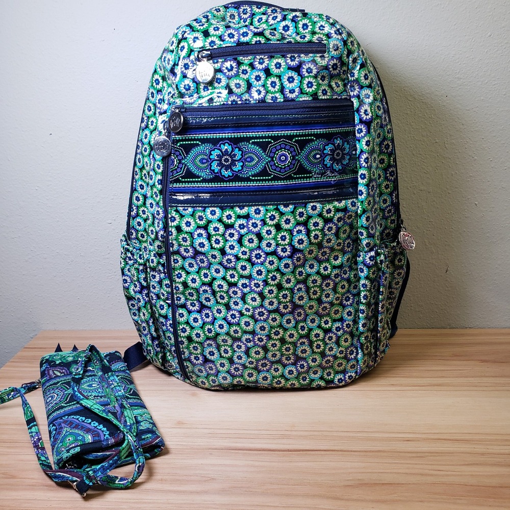 Vera Bradley Backpack & Wallet Purse Combo Daisy Daisy Print Retired Blue Green